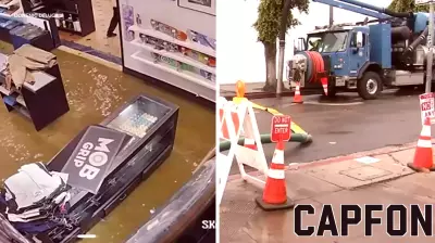 Fairfax District businesses flooded as heavy rain swamps Melrose Avenue